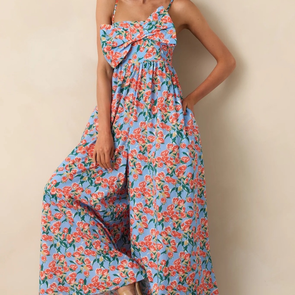 NWT Fate Blue & Orange Multi Floral Cotton Bow Front Wide Leg Jumpsuit Size L
